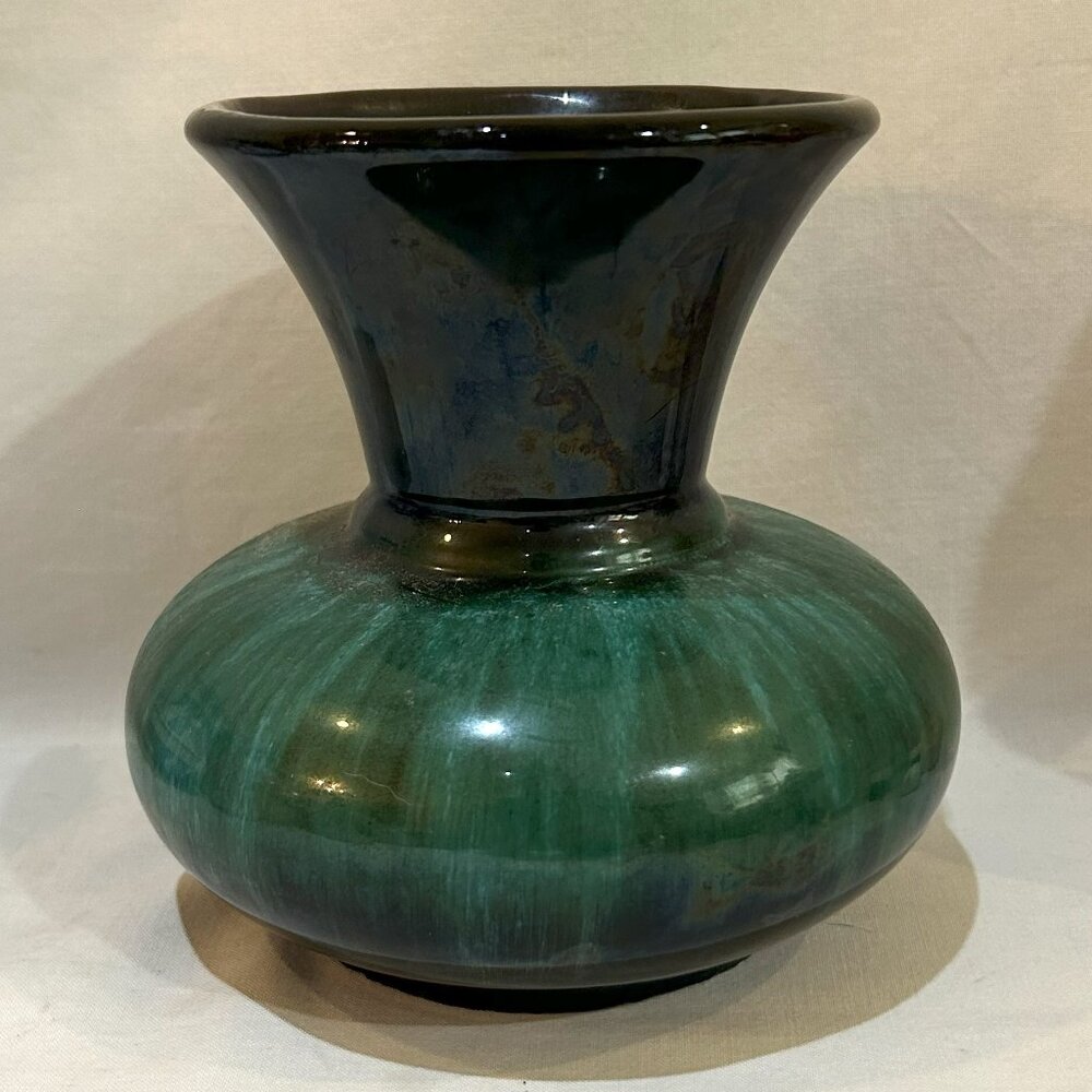 Vtg Blue Mountain Pottery Canada Blue Green Drip Glaze Vase Wide Base 5" Tall